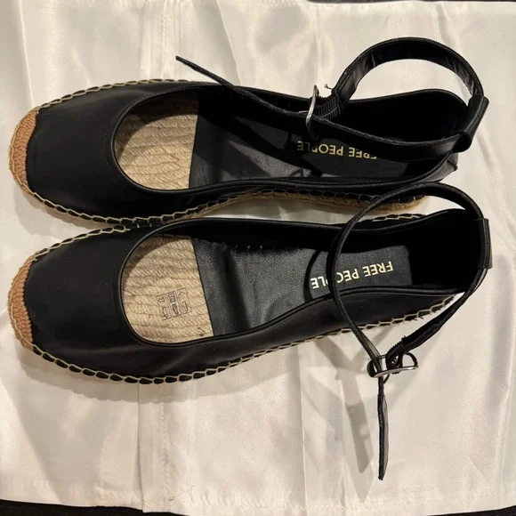 Free People Mason Espadrille Ballet Flats Black Leather Ankle Strap Size US 8.5 - Picture 2 of 10